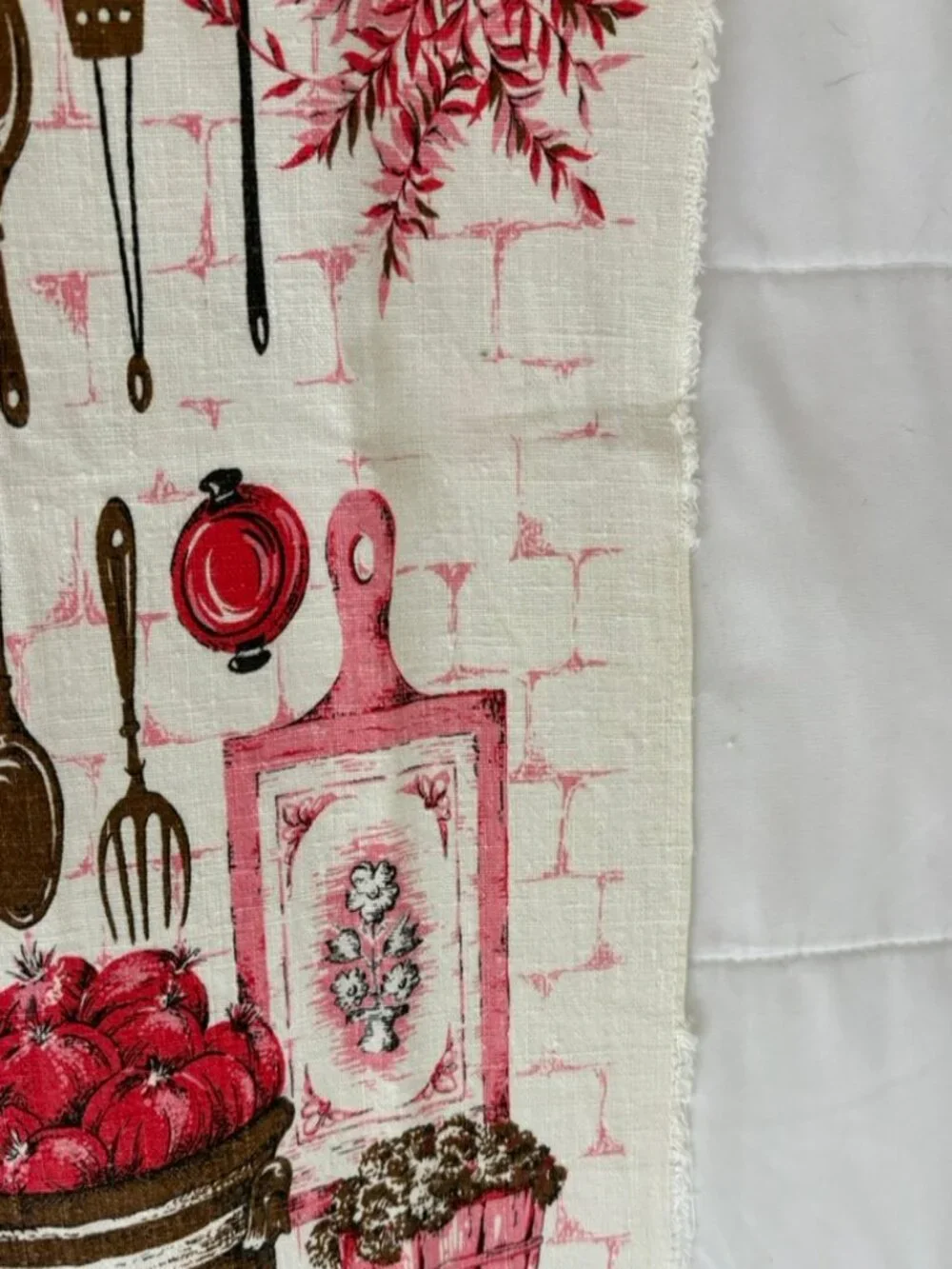 Vintage linen tea towel red brown design with kitchen utensils